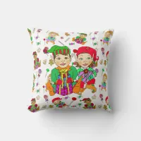 Festive  Elves and Christmas Candy Whimsical Throw Pillow