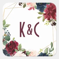 Wedding Burgundy & Navy Floral Geometric Square Sticker