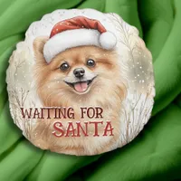 Pomeranian Waiting For Santa Pom Dog Watercolor  Round Pillow