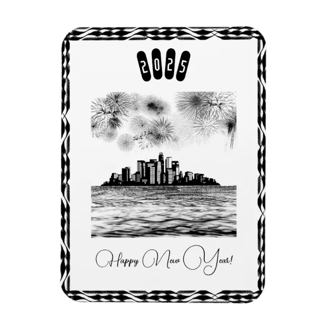 City skyline and fireworks black&white - new year magnet