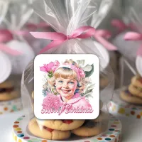 Vintage Pink Girl Floral Merry Christmas Square Sticker