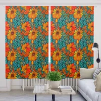 Boho Flowers Blue and Orange  Blackout Curtains