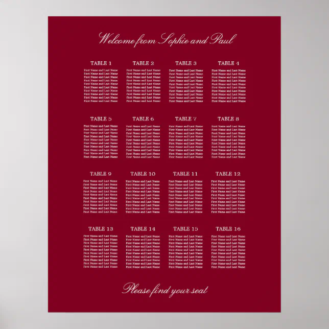 Burgundy 16 Table Wedding Seating Chart Poster