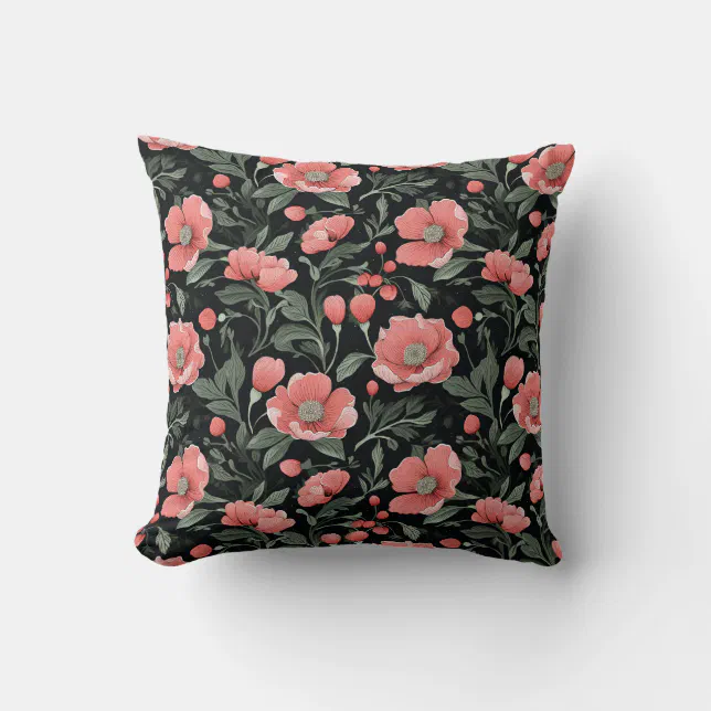 Floral Pattern Green Oak Leaves and Pink Flowers  Throw Pillow
