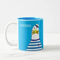 Cool Sailor Seagull Bird Eating Chips Yacht Two-Tone Coffee Mug