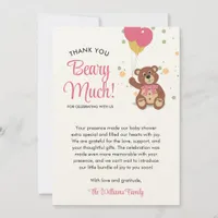 Cute Bear Cub and Pink Balloons Girl Baby Shower Thank You Card