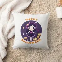 Cute Kawaii Girl in Pumpkins Halloween Throw Pillow