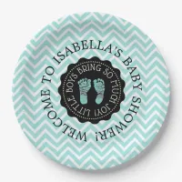 Personalized Baby Shower Teal Chevron Paper Plates