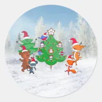 Cartoon Animals Dancing Around the Christmas Tree Classic Round Sticker