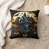 Spooky scarecrow trio by the full moon throw pillow