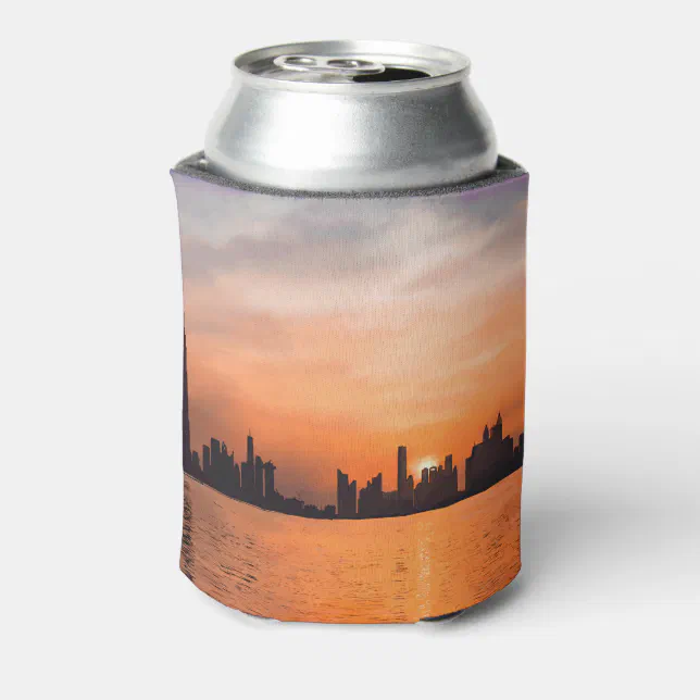 Sunset over a seaside town - watercolor can cooler