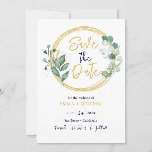 Simple Eucalyptus Greenery Navy Blue and Gold  Invitation