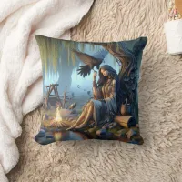 Native American Woman Meditating by Fire Throw Pillow