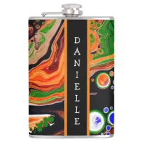 Personalized Orange, Blue, Green, Black Fluid Art  Flask