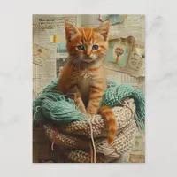 Ginger Kitten Yarn Collage Mixed Media Postcard