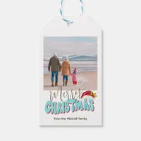 Retro Blue Simple Photo Festive Merry Christmas Gift Tags