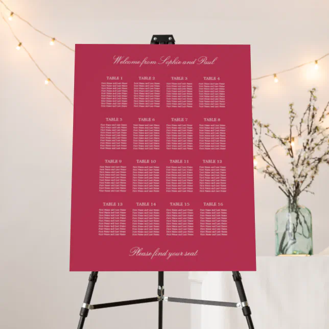 Cherry Magenta 16 Table Wedding Seating Chart Foam Board