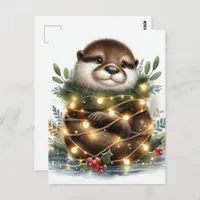 Watercolor Otter Christmas Lights Postcard