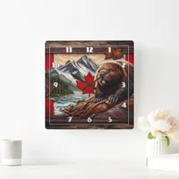 Canadian Landscape With Beaver and Maple Leaf Square Wall Clock