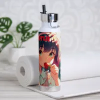 Cute Anime Girl Eating Strawberries | Summer Day Water Bottle