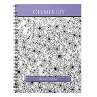 Floral Black White Purple Name School Subject Notebook