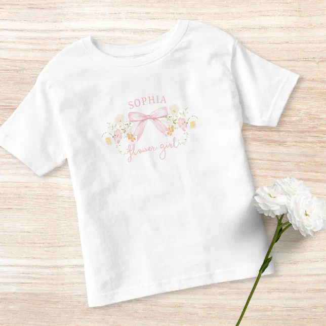 Cute Pink Bow and Wildflowers Modern Flower Girl Toddler T-shirt