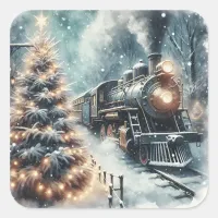 Old-Fashioned Train and Vintage Winter Scene Square Sticker