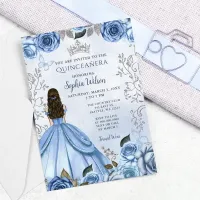 Dusty Blue Silver Floral Princess Quincea&#241;era  Invitation