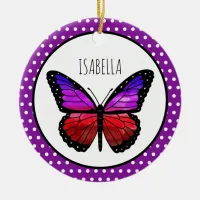 Purple Ombre Butterfly Polka Dot Personalized   Ceramic Ornament