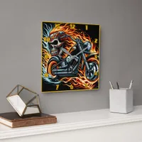 Fiery motorcycle with a skull in a vibrant blaze square wall clock