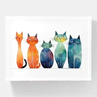 Orange Blue Green Watercolor Quirky Cats Paperweight