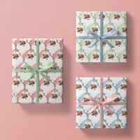 Pink Green Blue Vintage Black Santa Christmas Gift Wrapping Paper Sheets