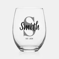 Personalized Grey and Black Family Monogram Stemless Wine Glass