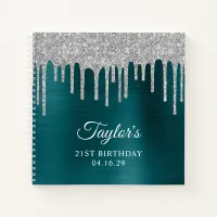 Silver Glitter Drips Blue Teal 21st Birthday Notebook