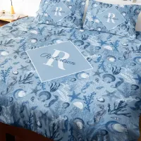 Blue Ocean Sea Life Monogram Coastal Duvet Cover