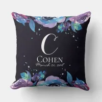 Moody Blue Purple Floral Monogram Throw Pillow