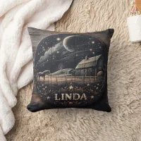 Rustic Barn Night Sky Wood Carving Art Throw Pillow