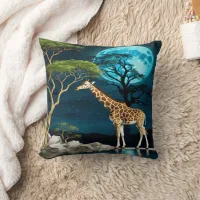 Giraffe by the Lake Under a Full Moon Night Throw Pillow