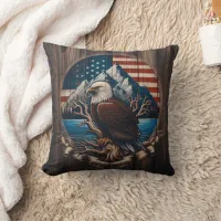 Bald Eagle Perched by Mountain and American Flag Throw Pillow