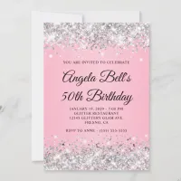 Silver Glitter Pink Fancy Monogram 50th Birthday Invitation