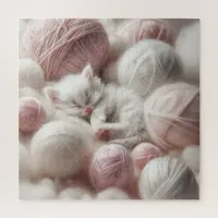 Cute White Kitten Napping in Yarn Jigsaw Puzzle