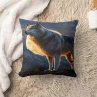 Majestic Wolf Guarding Mountain Under Full Moon Throw Pillow