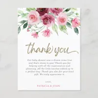 Pink Burgundy Floral Girl Baby Shower Thank You Postcard