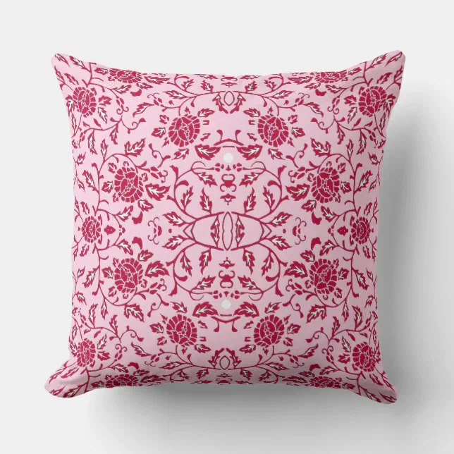 Elegant Flowery Pink and Red Damask Throw Pillow