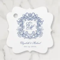 Blue Vintage Elegant Script Monogram Crest Wedding Favor Tags