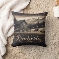 Kimberly Barn Surrounded by Horses and Mountains Throw Pillow