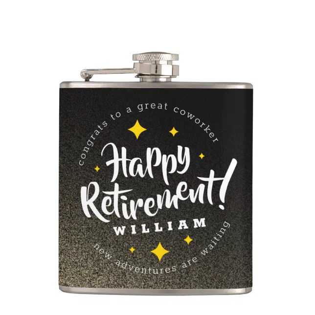 Fun Gold Glitter Stars Retirement New Adventures Flask