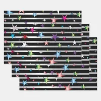 Shiny Confetti Stars On Black and Silver Stripes Wrapping Paper Sheets