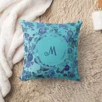 Modern geometric shapes with monogram in blue throw pillow