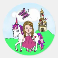 Cute Brown Haired Princess and Unicorn Castle Classic Round Sticker